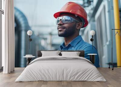 A confident industrial worker wearing a red hard hat and safety glasses stands with his arms crossed, looking to the right. Wall mural