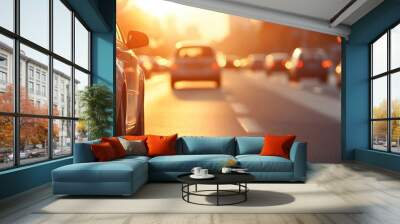 A silver car driving on a highway towards the sunset with a blurry background of other cars. Wall mural