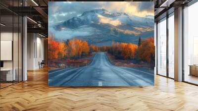 Asphalt road with mountain view with sky clouds at sunset Wall mural