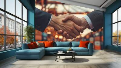 Business Deal Handshake in Front of Shipping Containers Wall mural