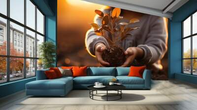 Child's hand holding small tree with sunset rays Wall mural