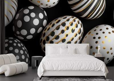 Close-up of black, white, and gold patterned Easter eggs against a dark background. Wall mural