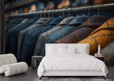 Close-up of Stylish Plaid Jackets Hanging in a Clothing Store Wall mural