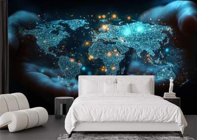 Close up of two hands holding a glowing digital world map. Wall mural