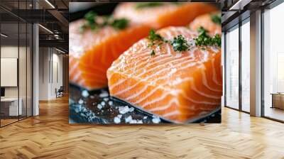 Closeup of raw salmon fillets on black stone surface with lemon slices and herbs. Wall mural