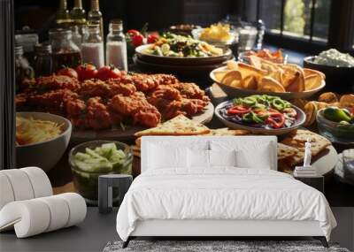 food buffet table dishes, Pizza, hamburgers, fried chicken Wall mural