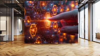 Hand finger pointing at abstract glowing floating hexagon on blurred background. Creativity and innovation concept Wall mural