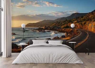 highway landscape at sunset, Beautiful seaside road view Wall mural