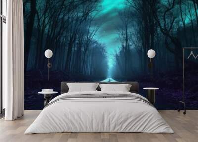 Mysterious dead forest road at night. Halloween concept Wall mural