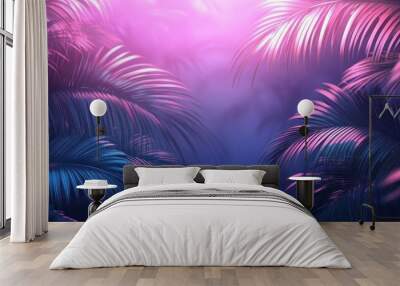 Palm leaves backlit with pink and blue light in a tropical jungle setting. Wall mural