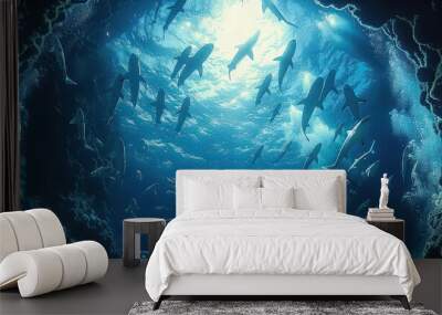 Sharks Swimming in a Sunlit Underwater Cave Wall mural