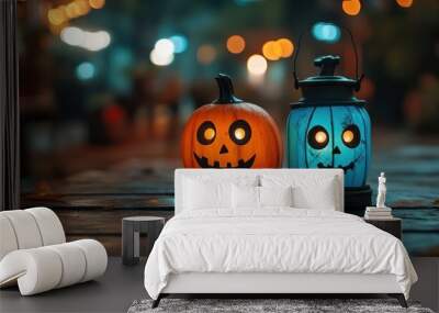 Two Halloween Jack-o'-Lanterns with glowing eyes and a creepy smile sit on a wooden table with a blurred background of lights. Wall mural