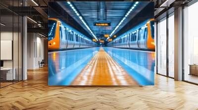 Two modern trains standing on tracks in a subway station with bright lighting. Wall mural