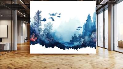 Watercolor painting of an underwater scene with coral reefs and fish. Wall mural