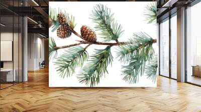 Watercolor Painting of Pine Branch with Cones Wall mural