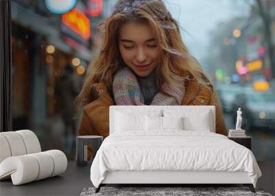 Young Woman Using Phone in Snowy City Wall mural