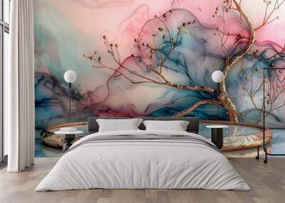 Podium product display, Abstract and Modern, Whimsical Dreamscapes: Ethereal Tree Branches Over Fluid Marble Tray in Pastel Hues for Surreal Decor and Artistic Still Life Scenes Wall mural