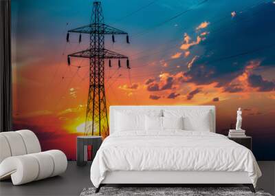 Electric high voltage power towers at sunset - AI Generated Wall mural