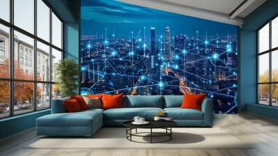 Modern city landscape showing dots and line representing high-speed internet, cloud data storage, computing, global market, global network - AI Generated Wall mural