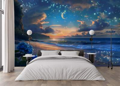 where the cosmos playfully merges with the earthly, stars sprinkling magic over hydrangea blooms, the ocean mirroring a sky alive with astral wonder. Wall mural