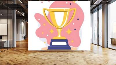 Awards trophy with pink yellow stars dots and blank name plate with text space. Trophy illustration isolated on a white background. Wall mural