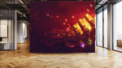 A Golden Hand with Infinity Gauntlet Glowing in a Red and Orange Space Wall mural