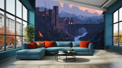 A Stone Castle at Dusk Overlooking a River Wall mural