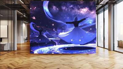 abstract illustration of Whirling dervishes twirling in a cosmic dance of liberation and joy Wall mural