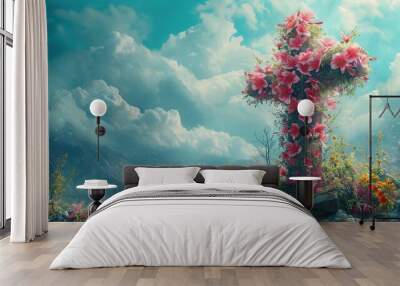 Beautiful fantasy landscape of crucifixion transformed into a blooming cross , easter celebration, flowers and mountains Wall mural