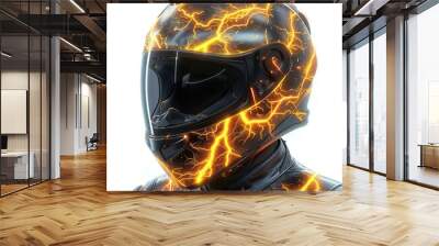 Futuristic motorcycle helmet with glowing yellow lightning design Wall mural