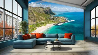 Makapuu Point Beach Seascape Panorama with Islands Wall mural