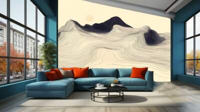 A digital art piece featuring an abstract, hand-drawn mountain range with wavy lines and smooth curves in shades of gray against a white background. Wall mural