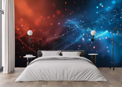 Abstract digital network background banner with glowing light and connecting data dots in blue orange and red colors. Big data technology concept. Wall mural