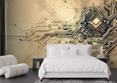 Aged paper with sketched circuit board banner background microchip drawing Wall mural