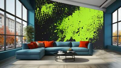 Black and green halftone background with grungy dots, and cyberpunk elements. Wall mural