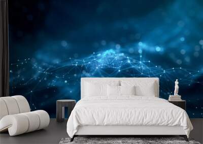 Blue abstract background with a connected network grid and particles Wall mural