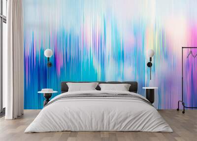 Digital abstract cityscape background featuring a glitchy pixelated mix of electric blues, purples, greens, pinks, whites, and turquoise. Wall mural