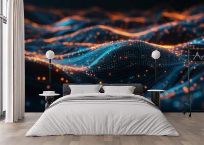 Digital background with glowing blue and orange dots on a dark wave, in a technology futuristic concept. abstract data flow Wall mural