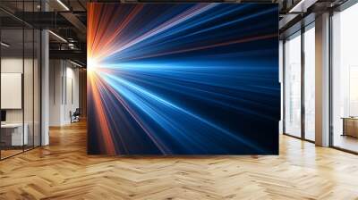 Rays of blue and orange light on a black background, a light speed effect, an energy beam with a sun flash flare. Wall mural