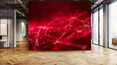 red abstract background with a connected network grid and particles Wall mural