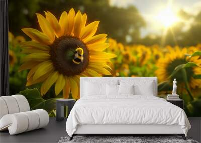 Sunflower and a bumble bee in a spring meadow at sunrise Wall mural