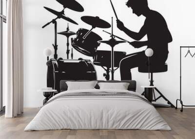 A drummer musician drumming drums in detailed silhouette Wall mural