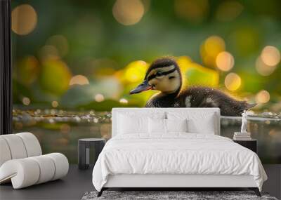 Duckling sitting in a pond, looking around.  Wall mural