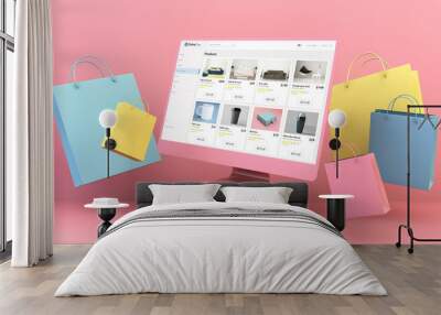 floating computer online shop and shopping bags Wall mural