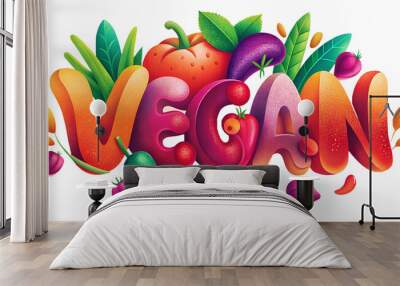 Vibrant Vegan Typography with Fresh Produce isolated on white background,isolated,isolate,white background,no background Wall mural