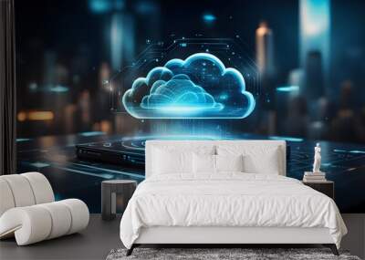 cloud computing - cloud with hologram digital wireless connection, data transfer cloud. Futuristic technology illustration. Wall mural