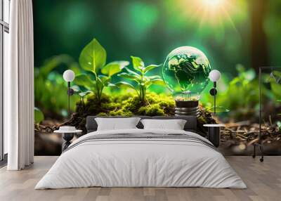 renewable or sustainable energy concept - globe in light bulb against nature. sustainability, invention, alternative solution, environment, green energy concept. save the environment, save the earth,  Wall mural