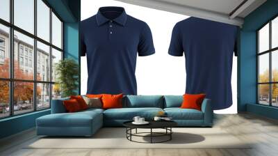 Collared polo shirt in navy blue, mockup with front and back view, transparent background, PNG file with white background and no shadow, high resolution , on a transparent backgrounds  Wall mural