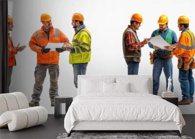 set of A foreman discussing plans with construction workers, Foreman Reviewing Construction, Foreman Collaborates, Foreman Leads Discussion, Foreman Explains Project, on a transparent backgrounds Wall mural