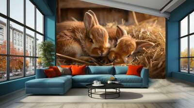 Baby bunnies snuggled together in hay in a cozy barn Wall mural